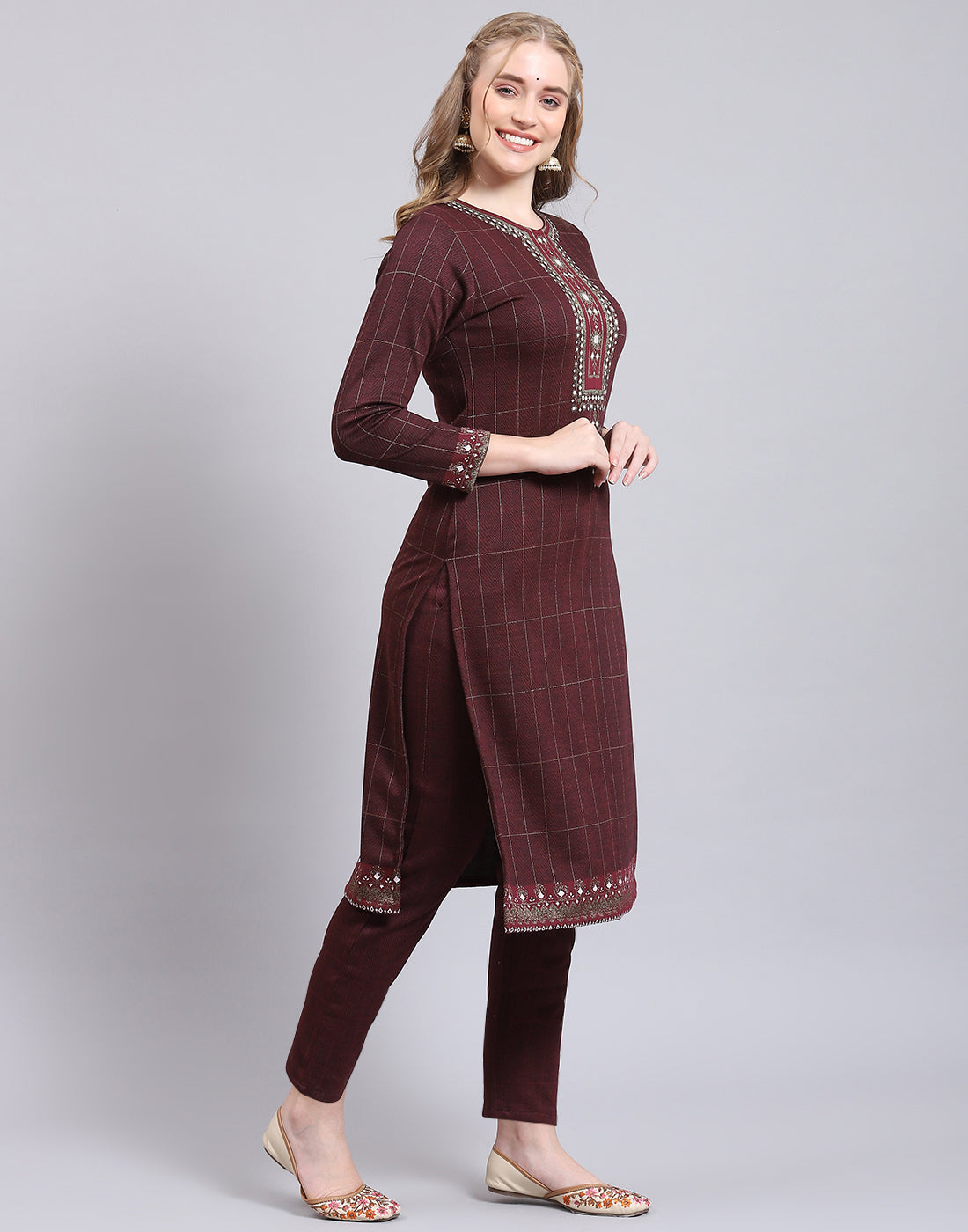 Women Maroon Printed Collar Full Sleeve Kurtis Set