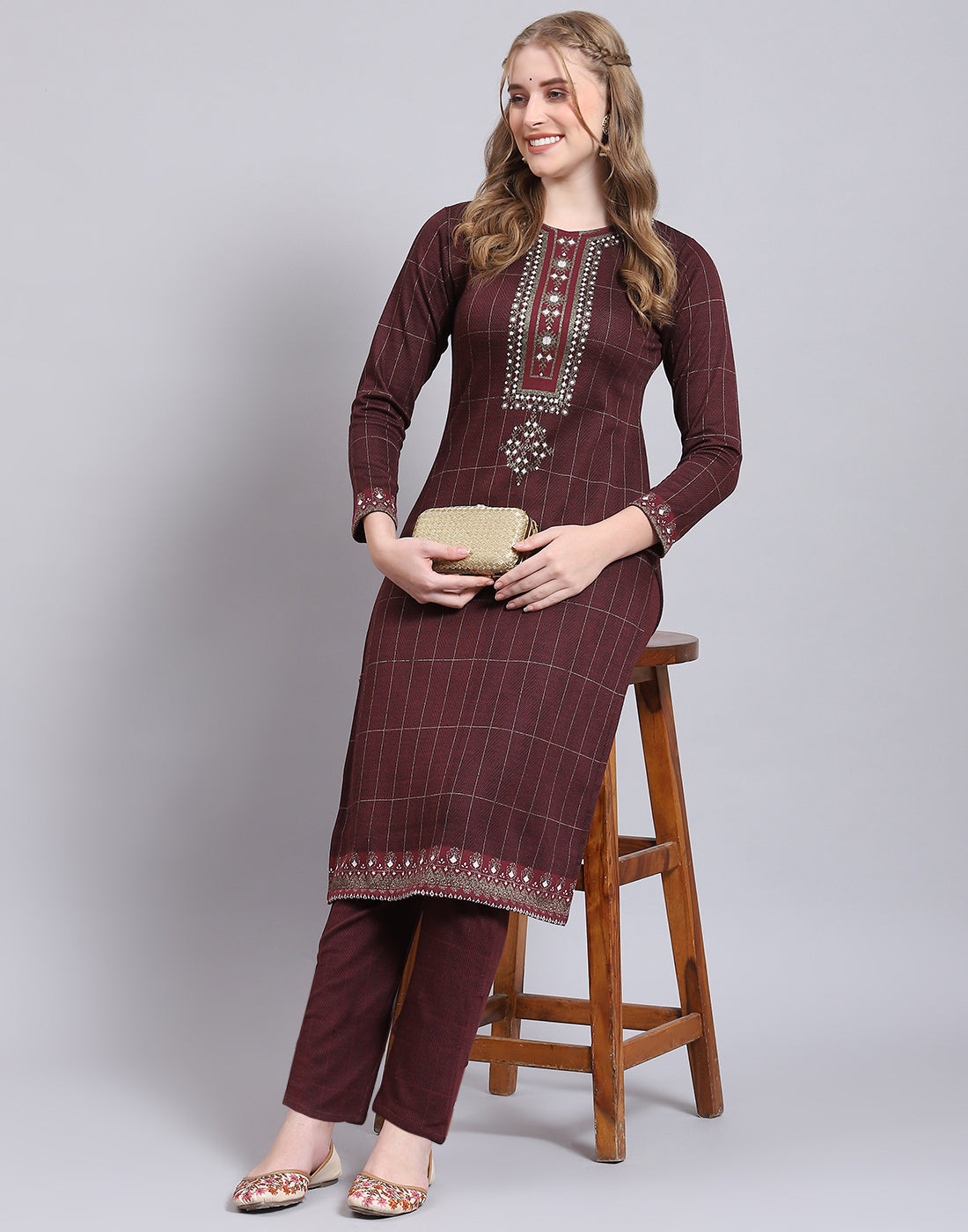 Women Maroon Printed Collar Full Sleeve Kurtis Set