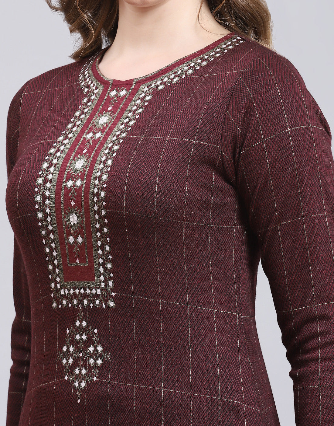 Women Maroon Printed Collar Full Sleeve Kurtis Set