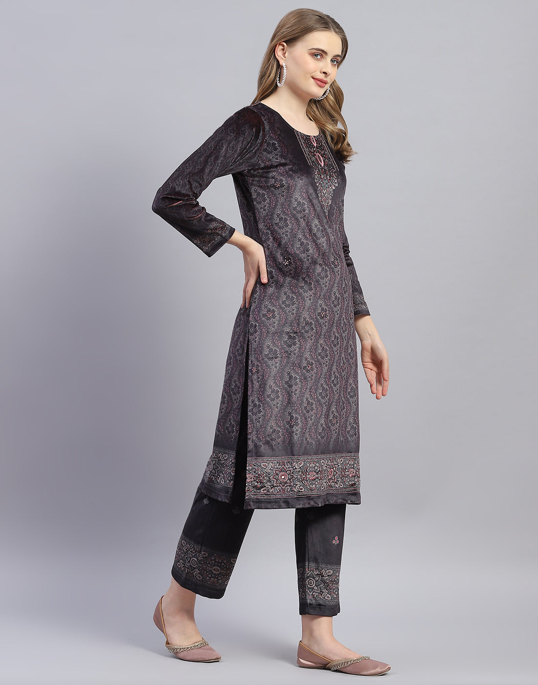 Women Brown Printed Round Neck Full Sleeve Kurti+Lower Set