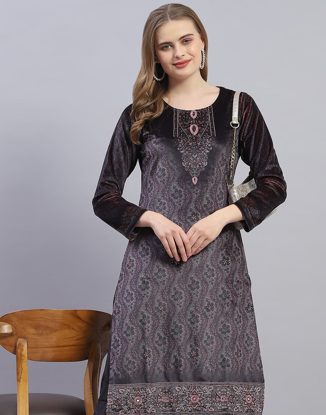 Women Brown Printed Round Neck Full Sleeve Kurti+Lower Set