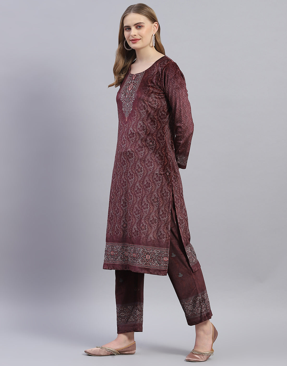 Women Maroon Printed Round Neck Full Sleeve Kurti+Lower Set