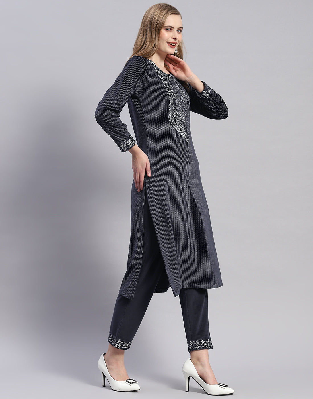 Women Navy Blue Self Design Round Neck Full Sleeve Kurti+Lower Set