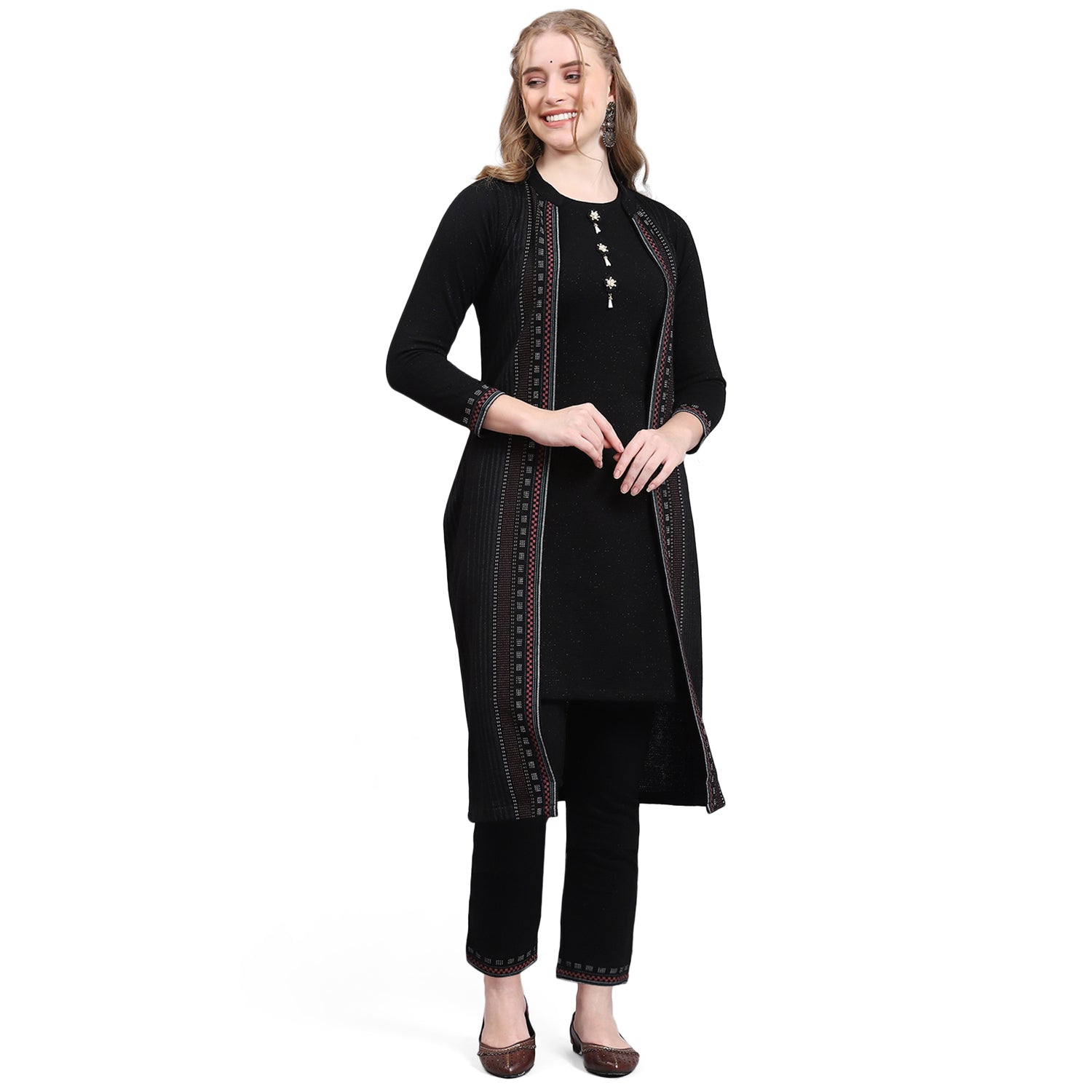 Women Black Self Design Collar Full Sleeve Kurtis Set