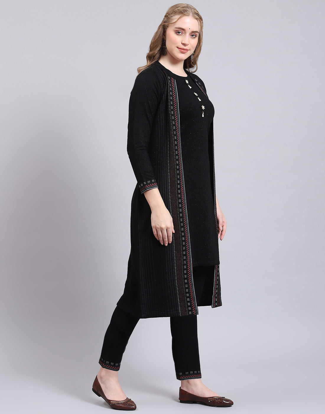 Women Black Self Design Collar Full Sleeve Kurtis Set