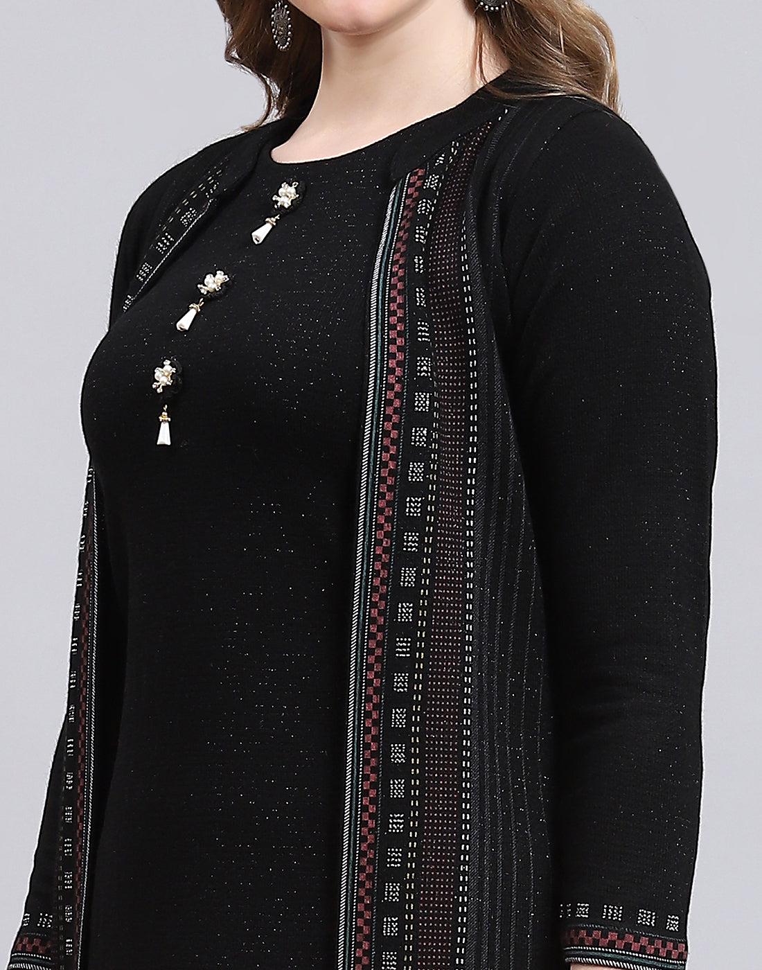 Women Black Self Design Collar Full Sleeve Kurtis Set