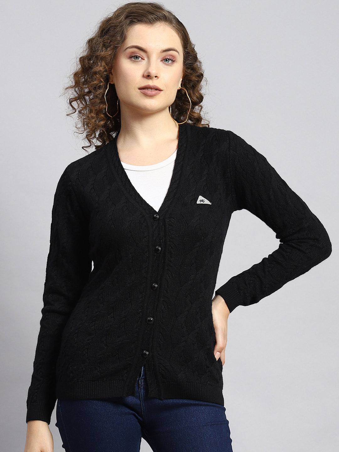 Women Black Self Cardigan