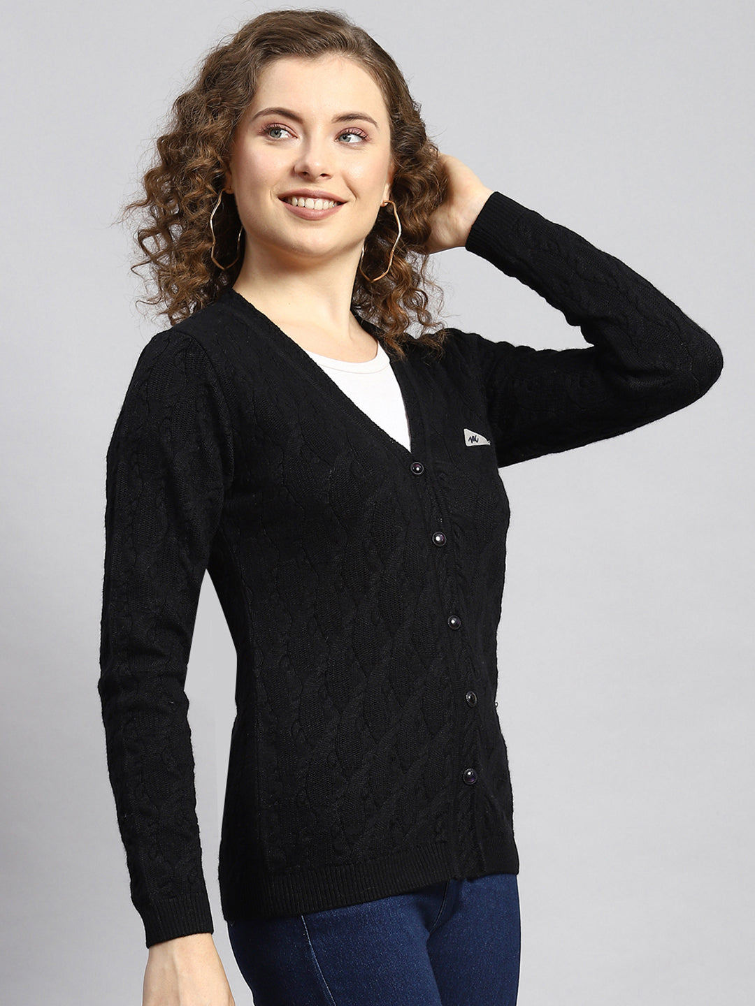 Women Black Self Cardigan