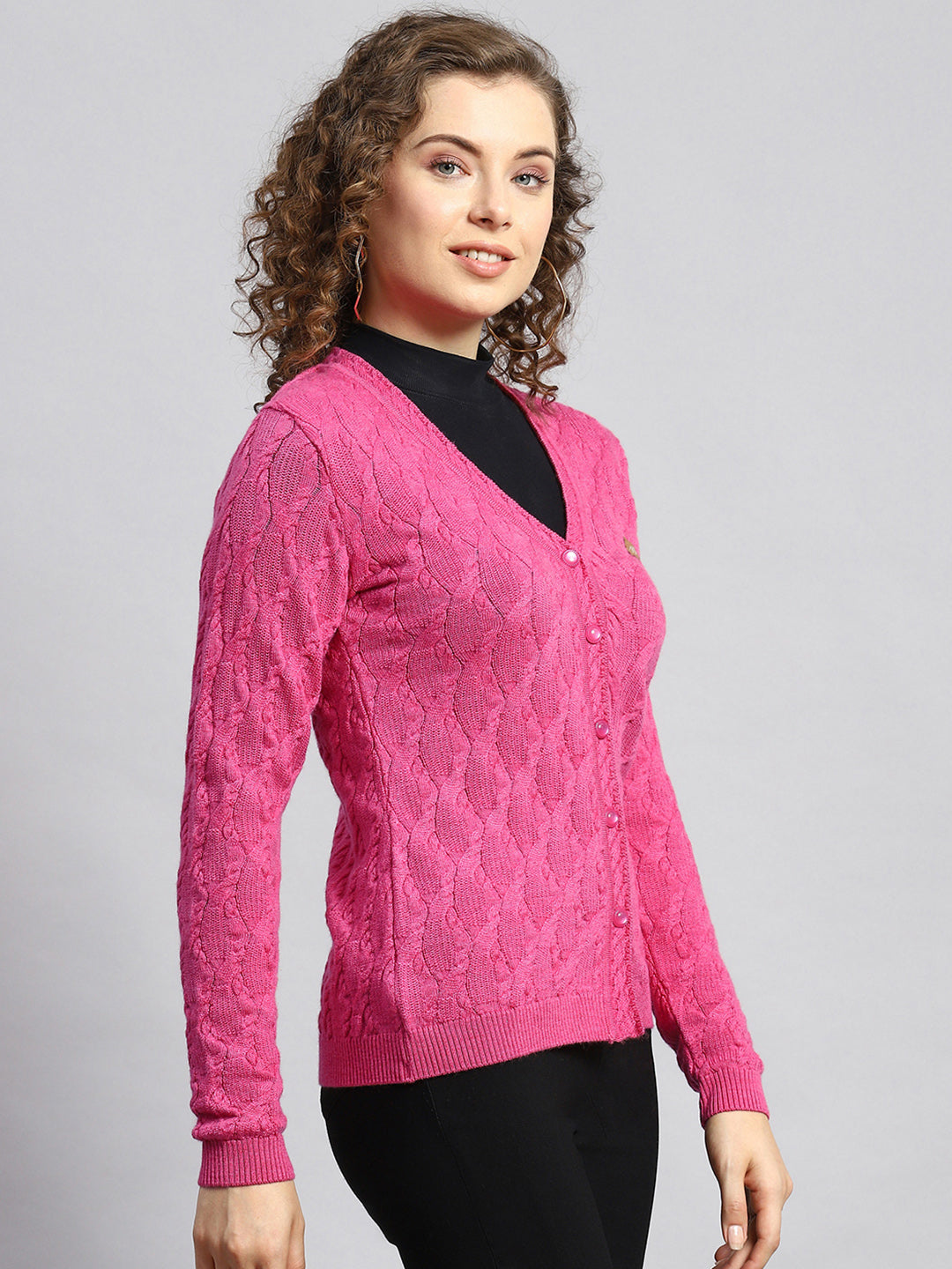 Women Pink Self Cardigan