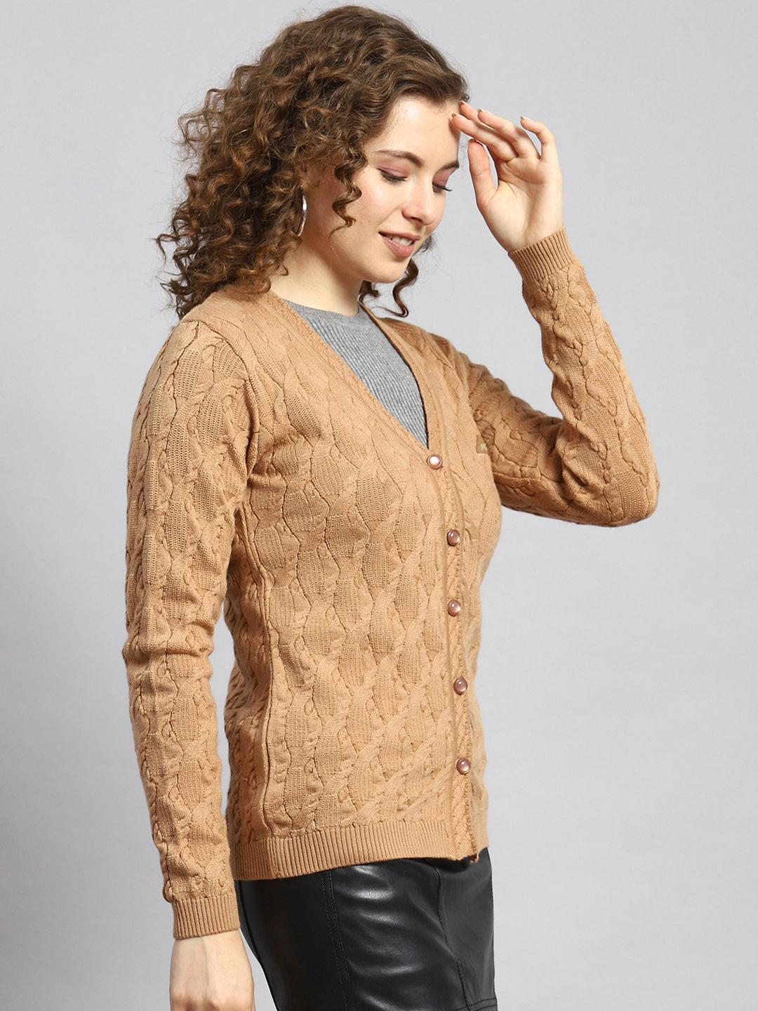 Women Brown Self Cardigan