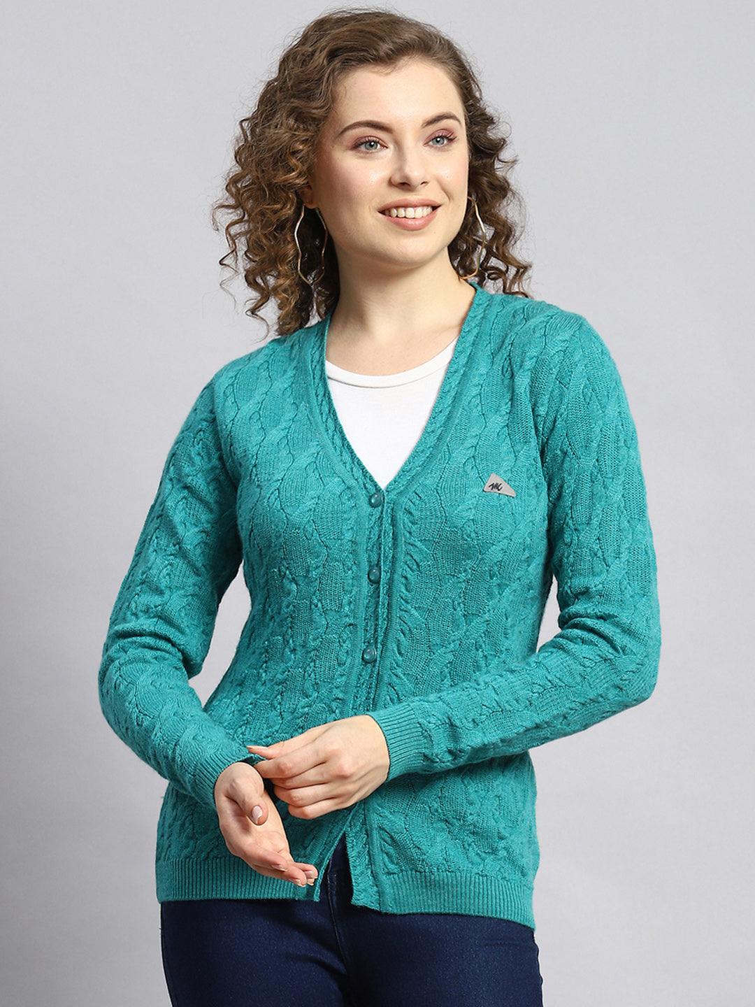 Women Green Self Cardigan