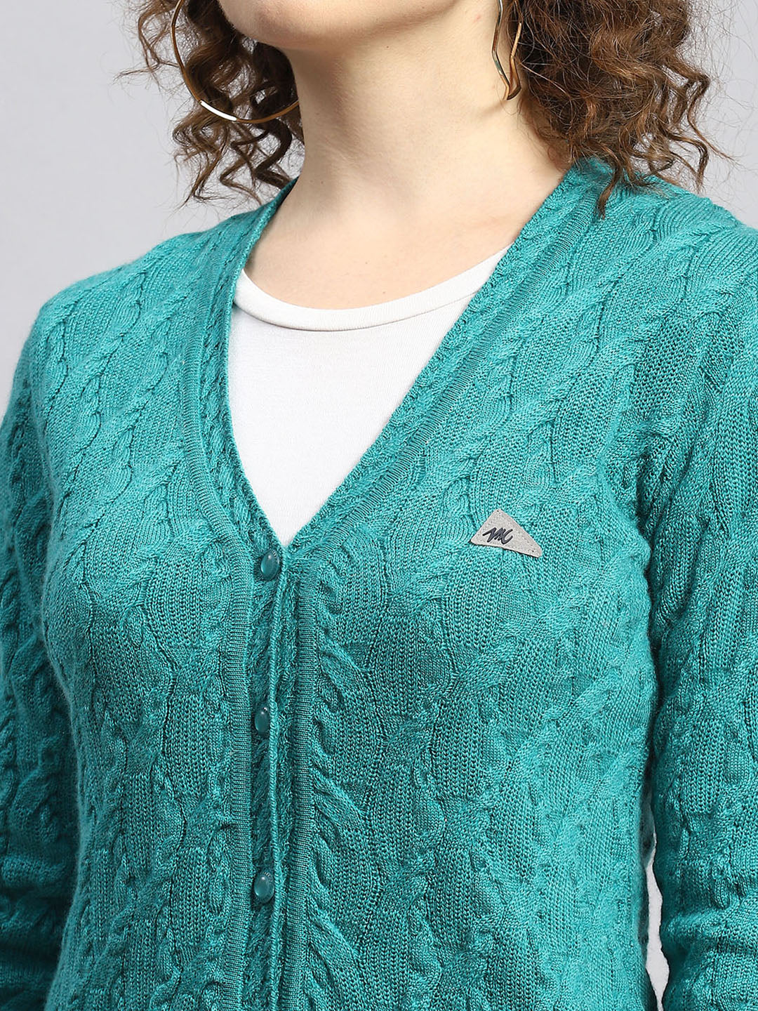 Women Green Self Cardigan