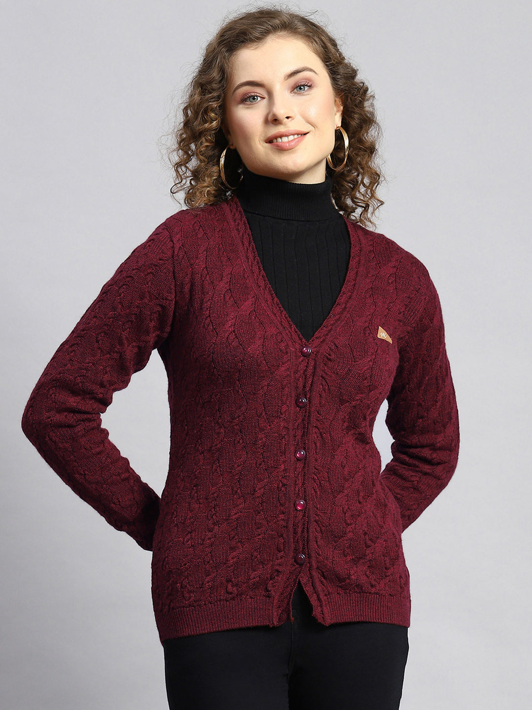 Women Maroon Self Cardigan