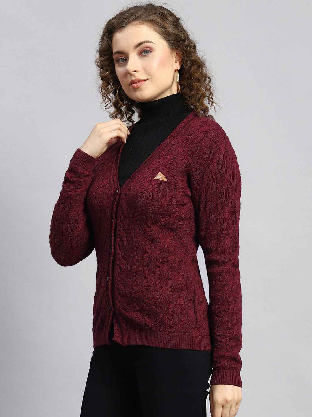 Women Maroon Self Cardigan