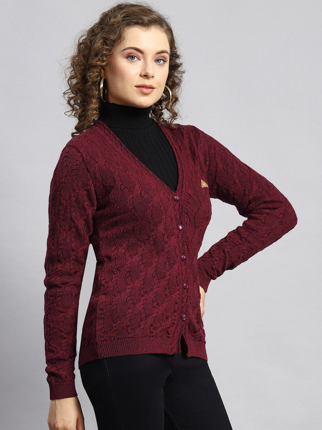 Women Maroon Self Cardigan