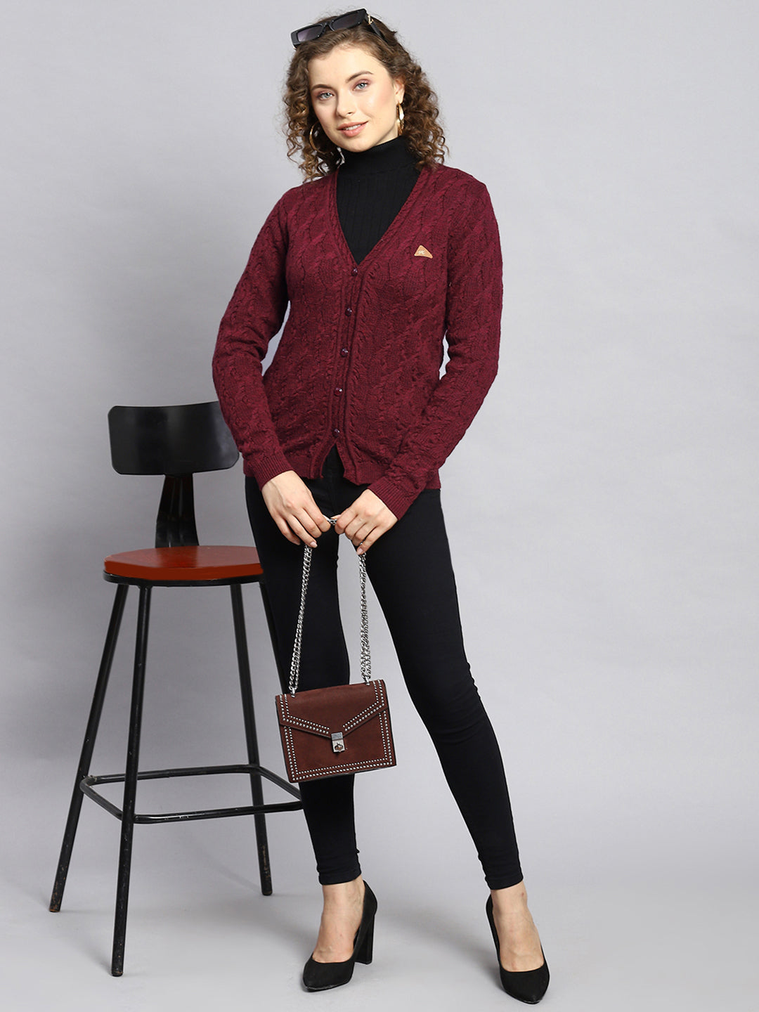 Women Maroon Self Cardigan