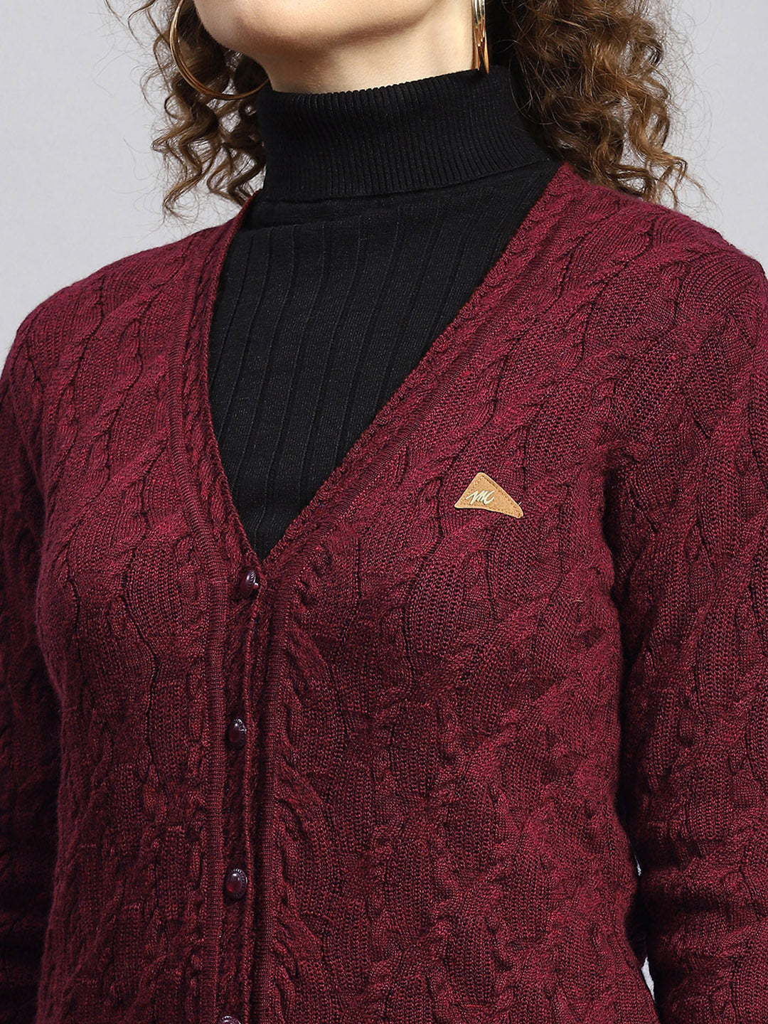 Women Maroon Self Cardigan