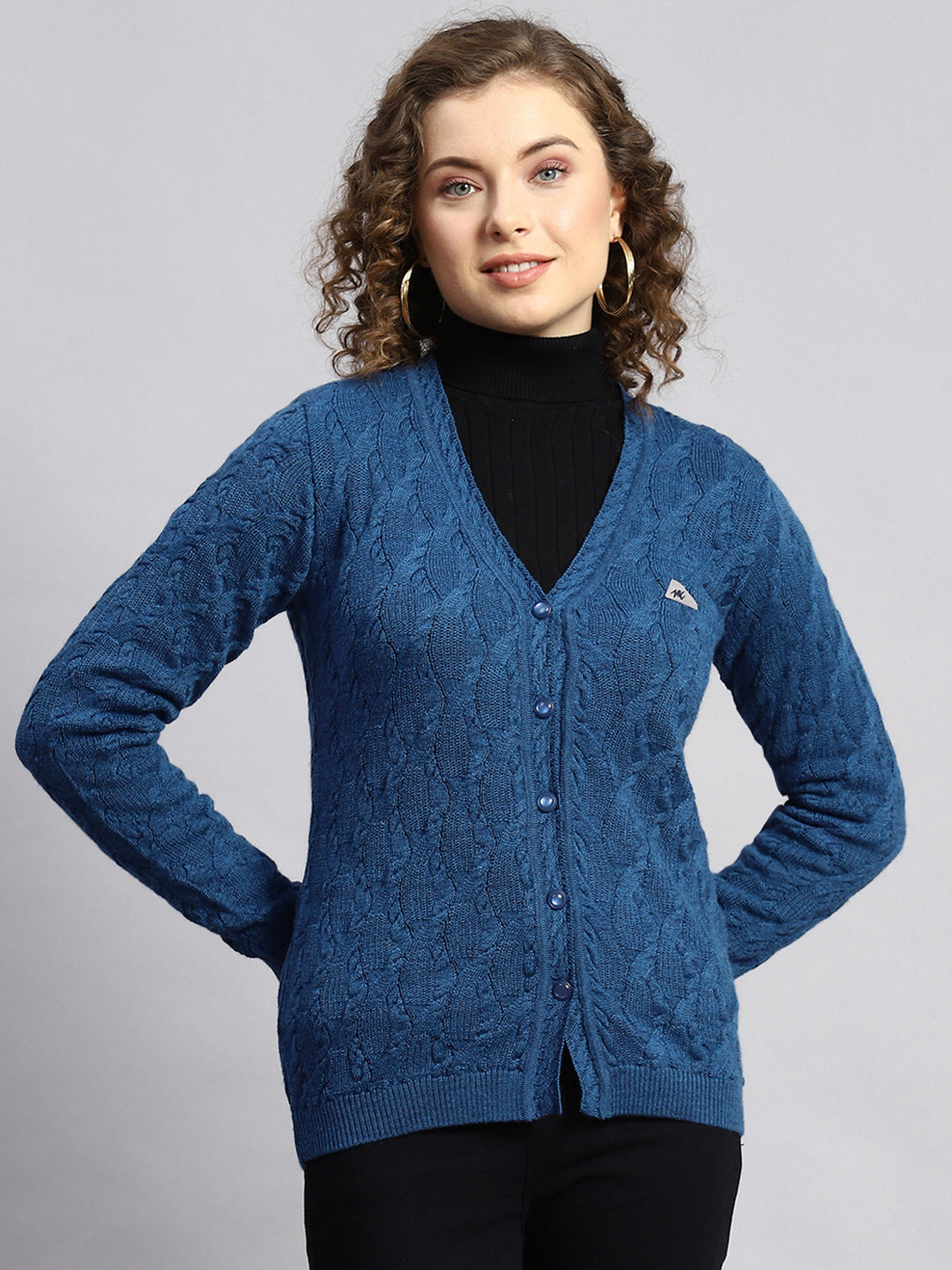 Women Blue Self Cardigan