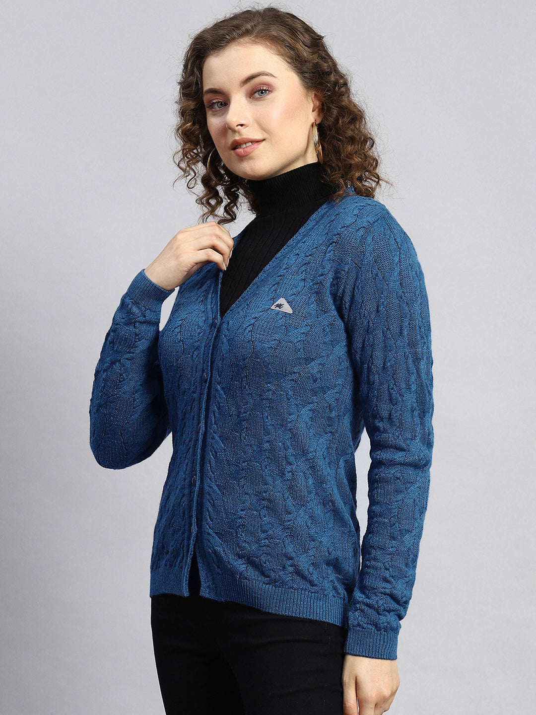 Women Blue Self Cardigan