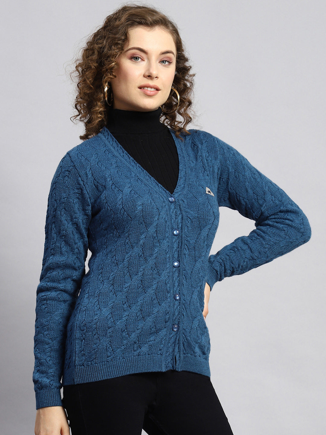 Women Blue Self Cardigan