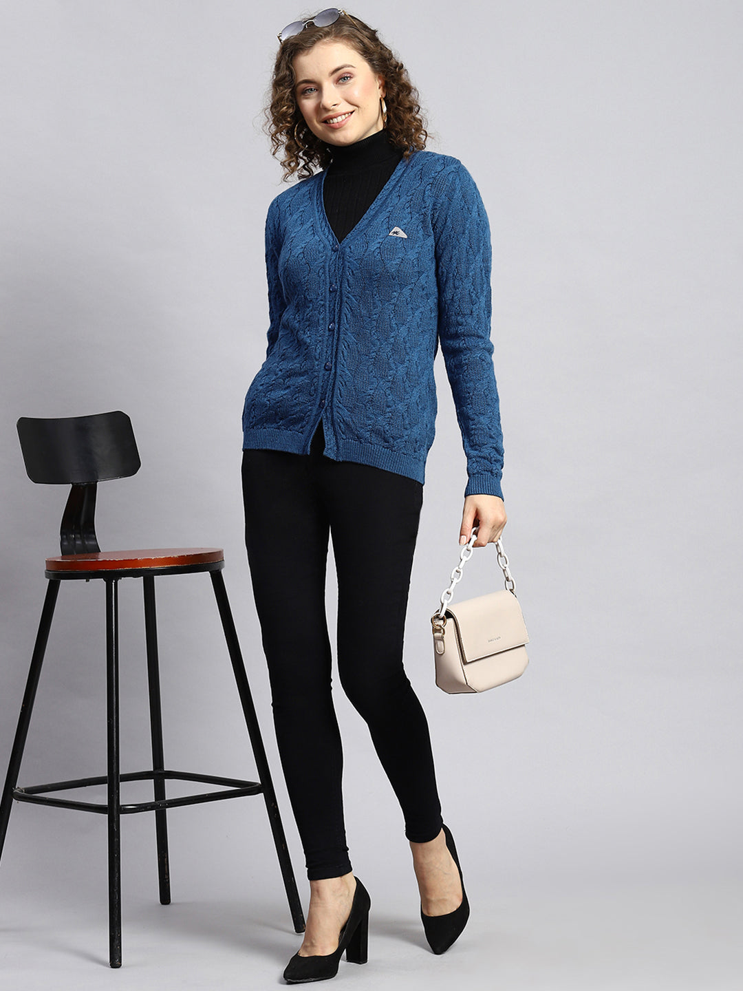 Women Blue Self Cardigan