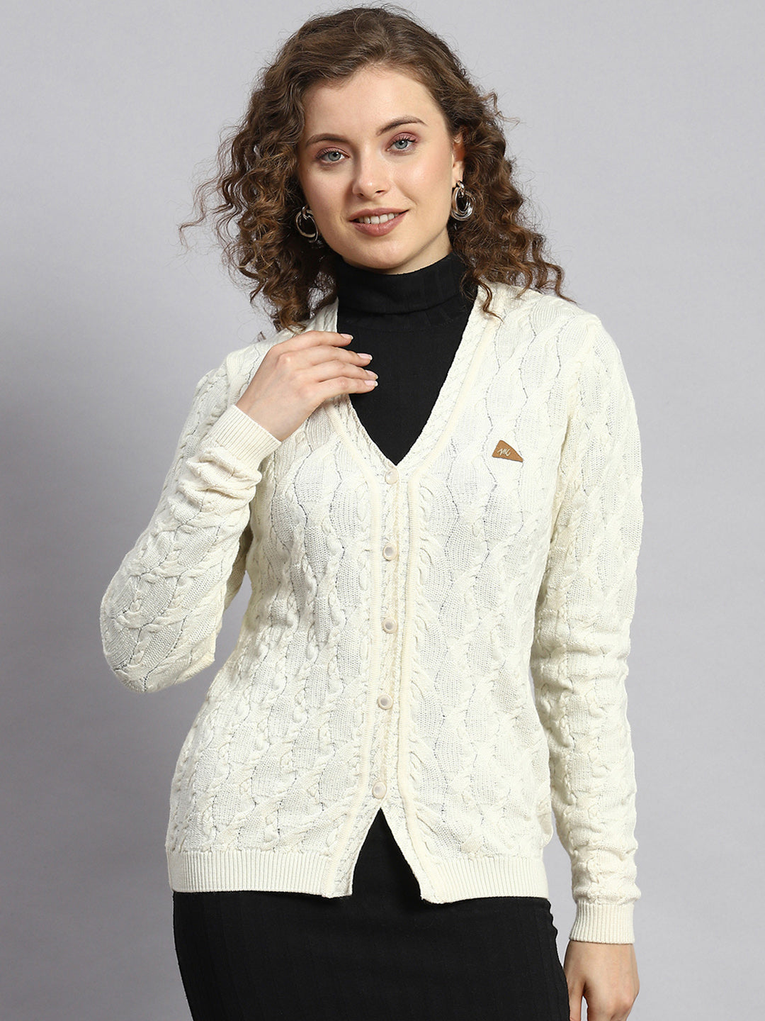 Women Off White Self Cardigan