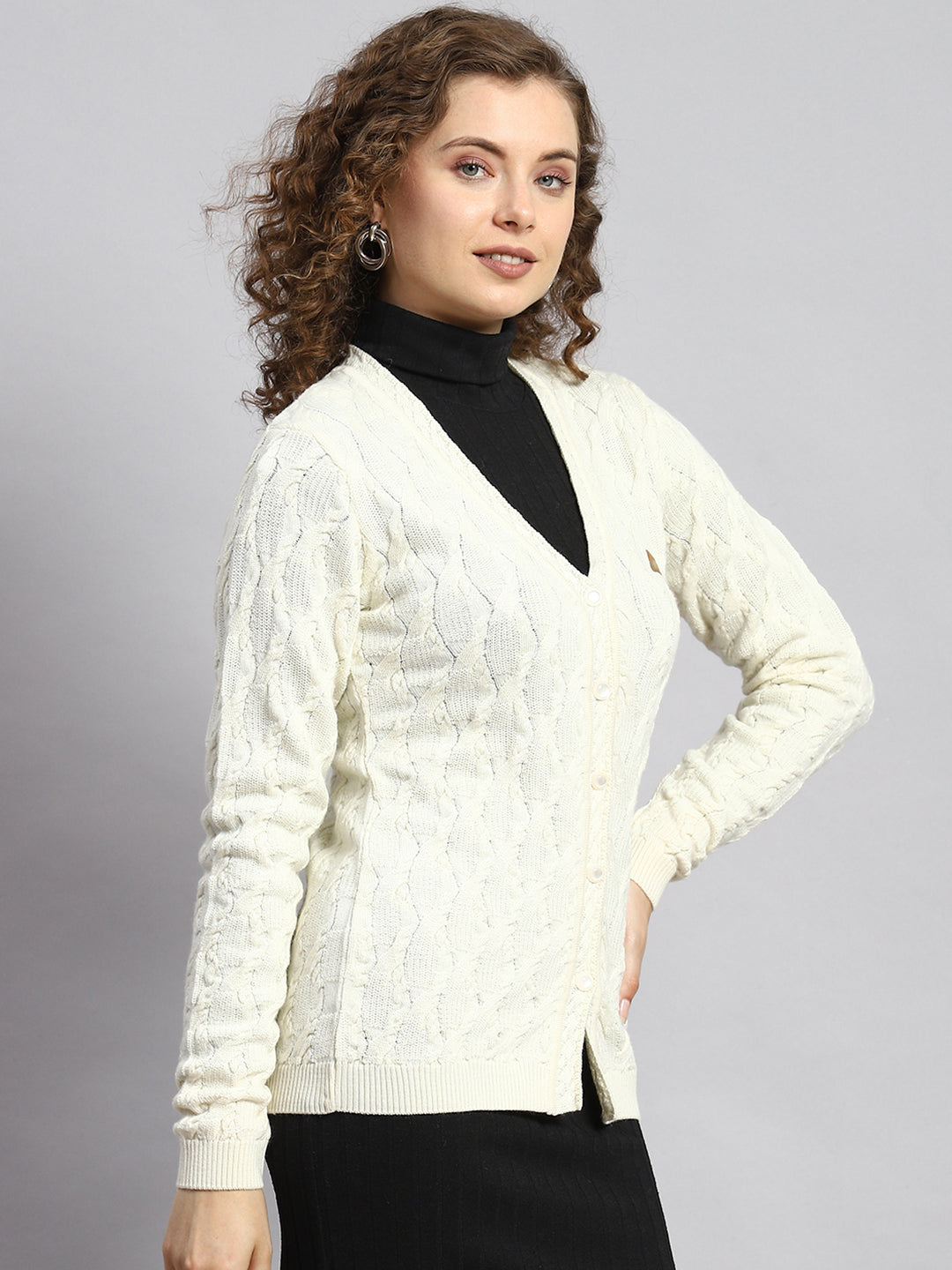 Women Off White Self Cardigan