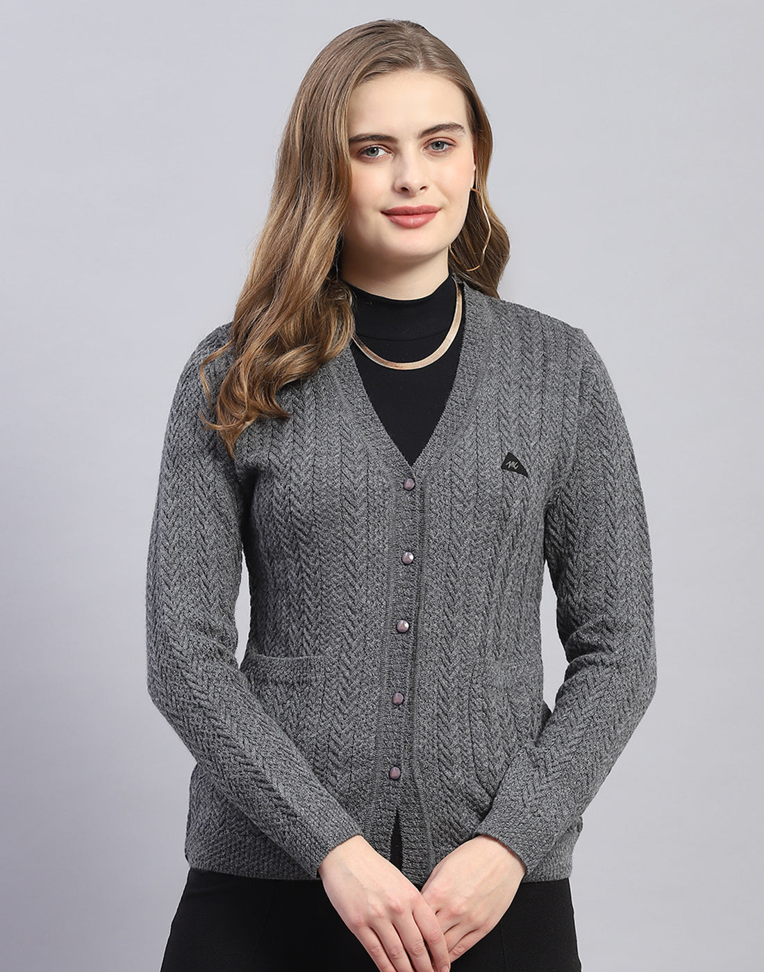 Women Grey Solid V Neck Full Sleeve Cardigan