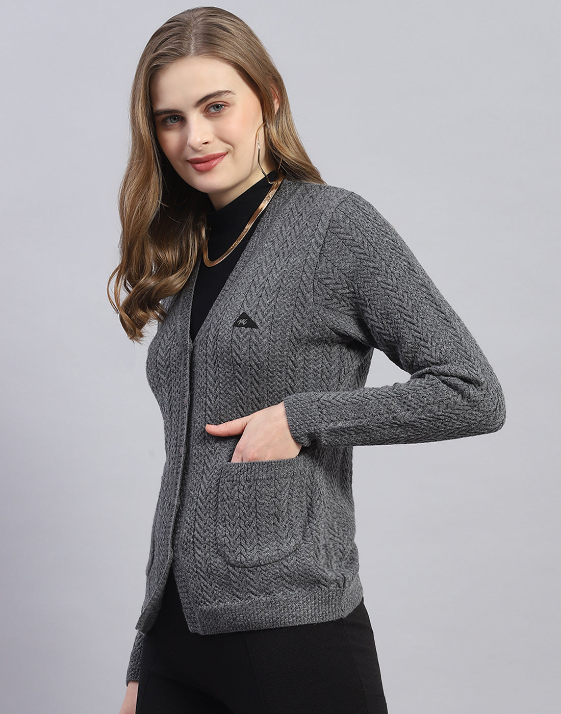 Women Grey Solid V Neck Full Sleeve Cardigan