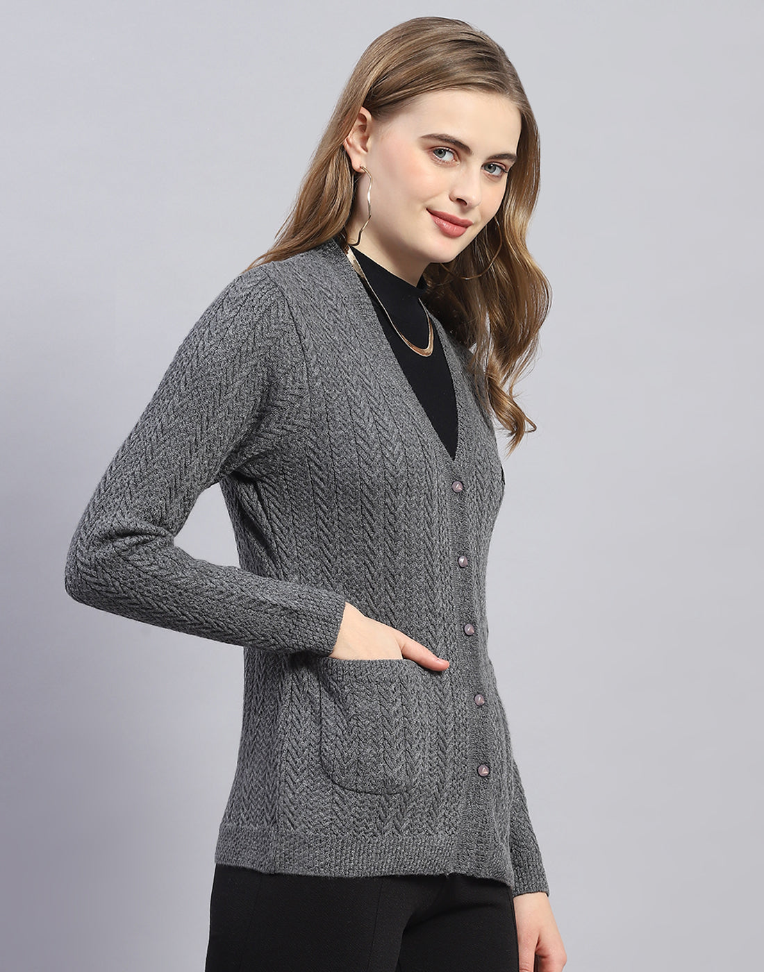 Women Grey Solid V Neck Full Sleeve Cardigan