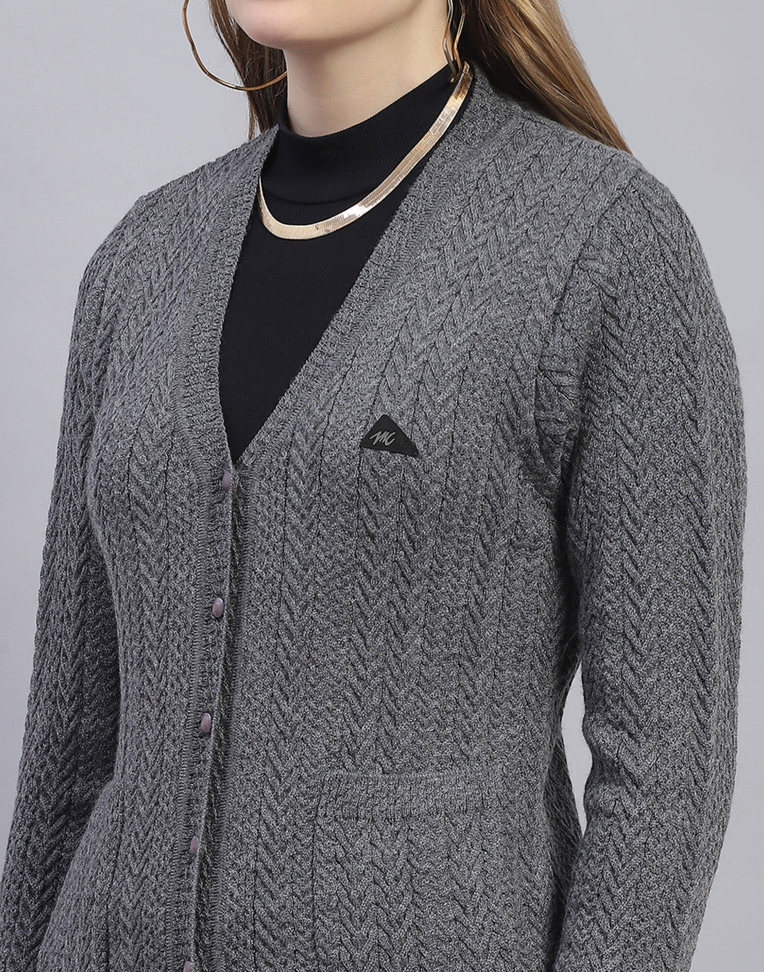 Women Grey Solid V Neck Full Sleeve Cardigan