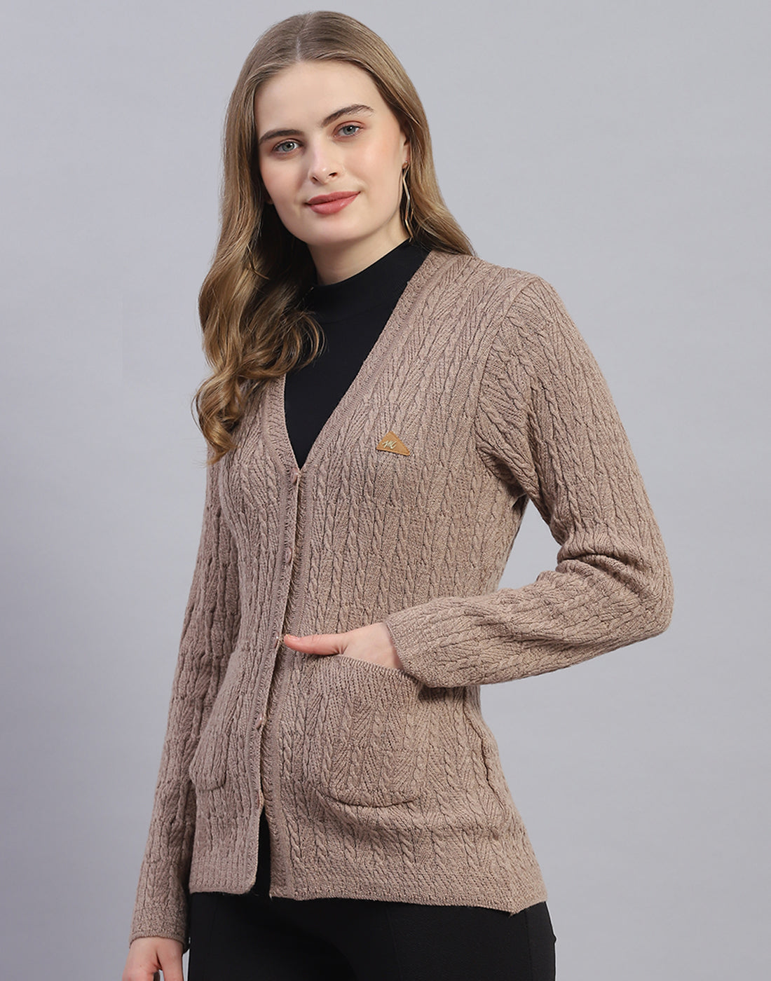 Women Brown Solid V Neck Full Sleeve Cardigan