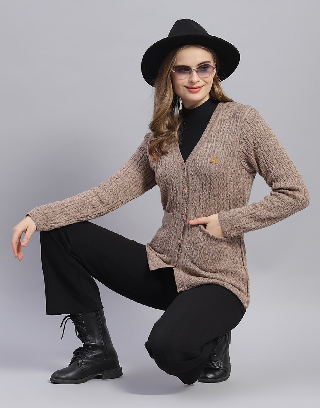 Women Brown Solid V Neck Full Sleeve Cardigan