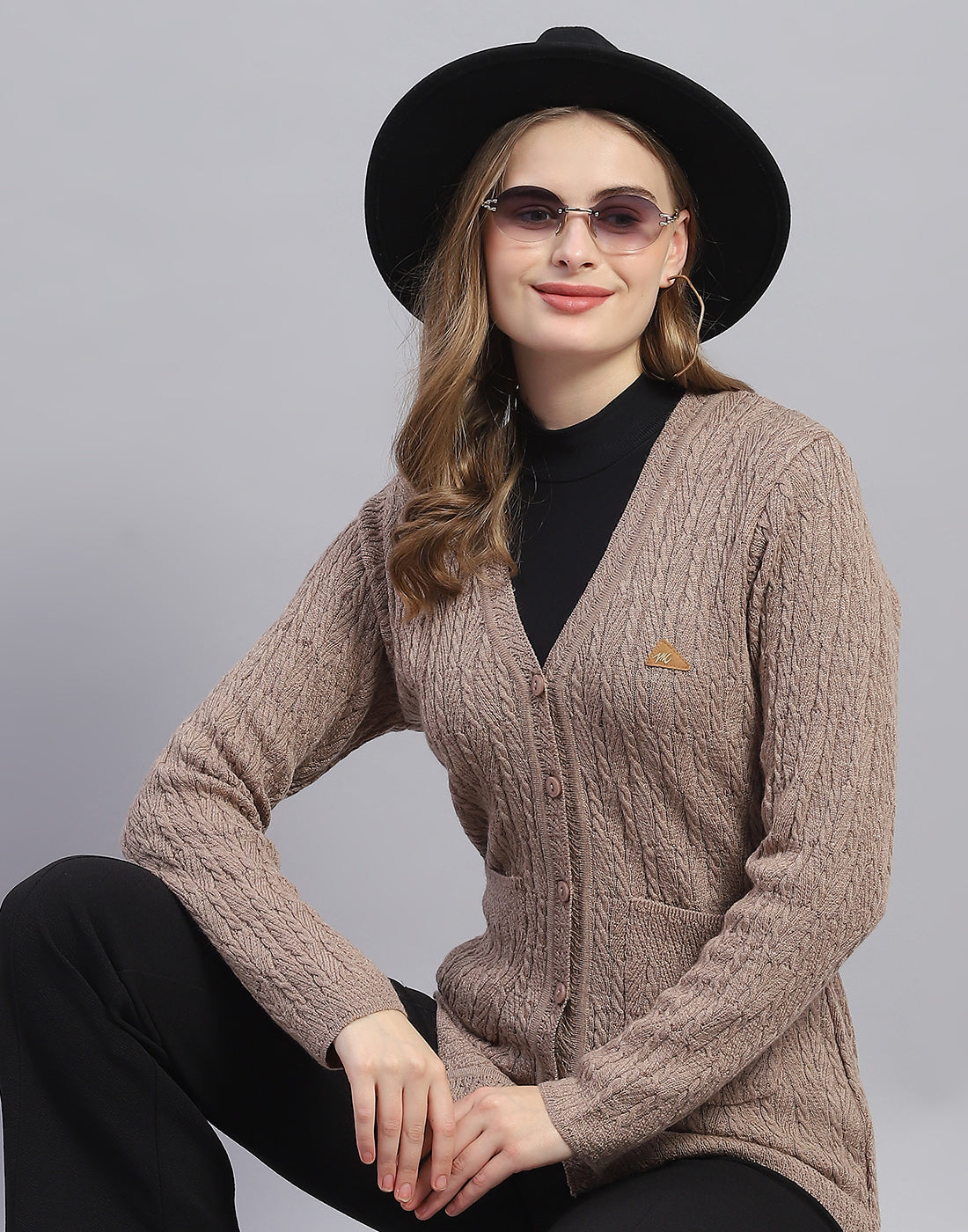 Women Brown Solid V Neck Full Sleeve Cardigan