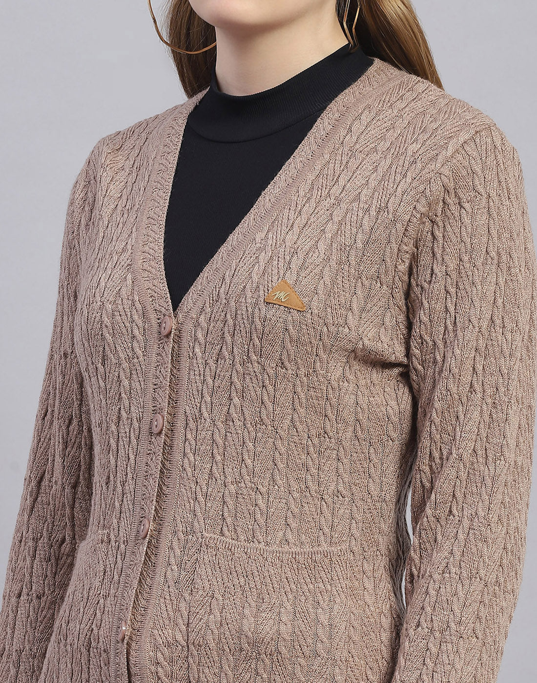 Women Brown Solid V Neck Full Sleeve Cardigan