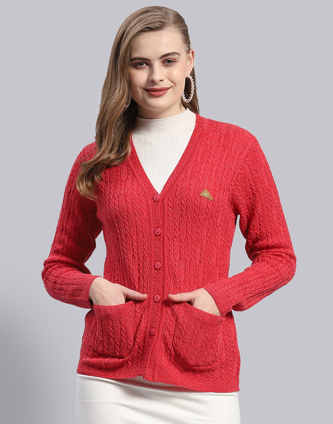 Women Red Solid V Neck Full Sleeve Cardigan