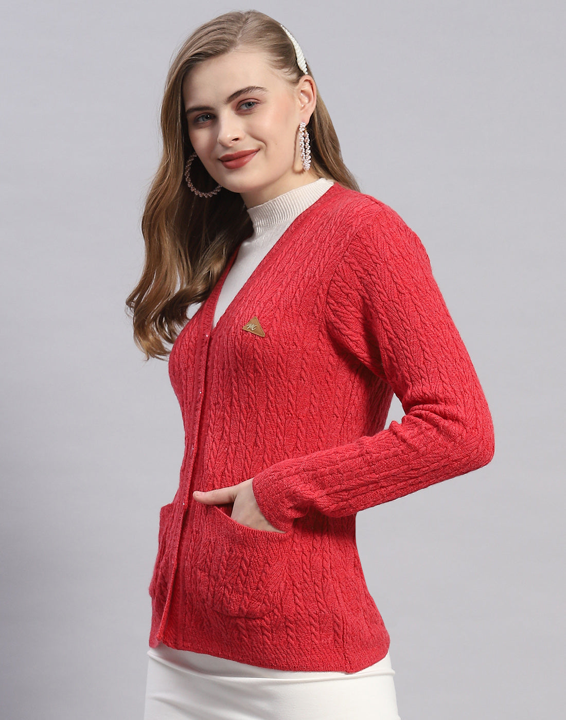 Women Red Solid V Neck Full Sleeve Cardigan