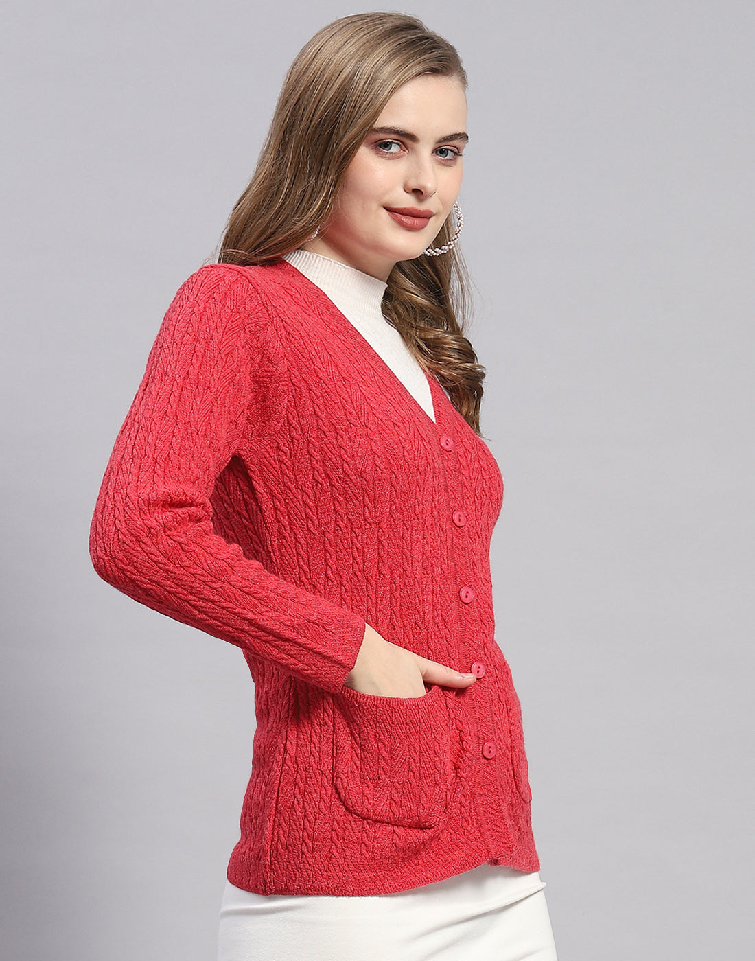 Women Red Solid V Neck Full Sleeve Cardigan