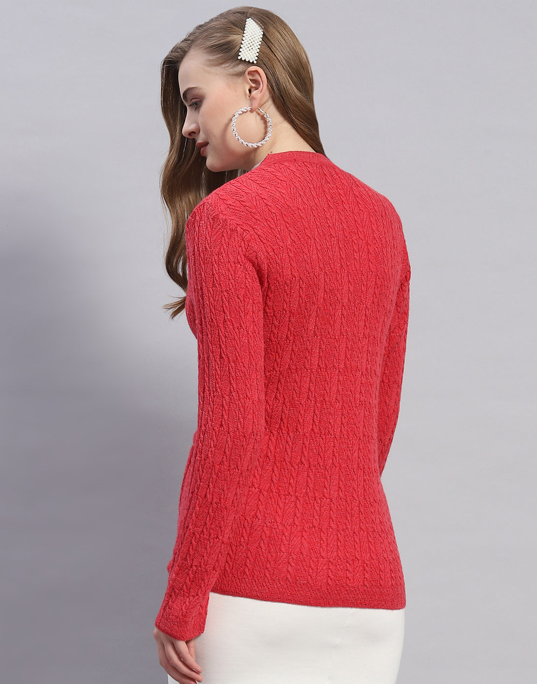 Women Red Solid V Neck Full Sleeve Cardigan