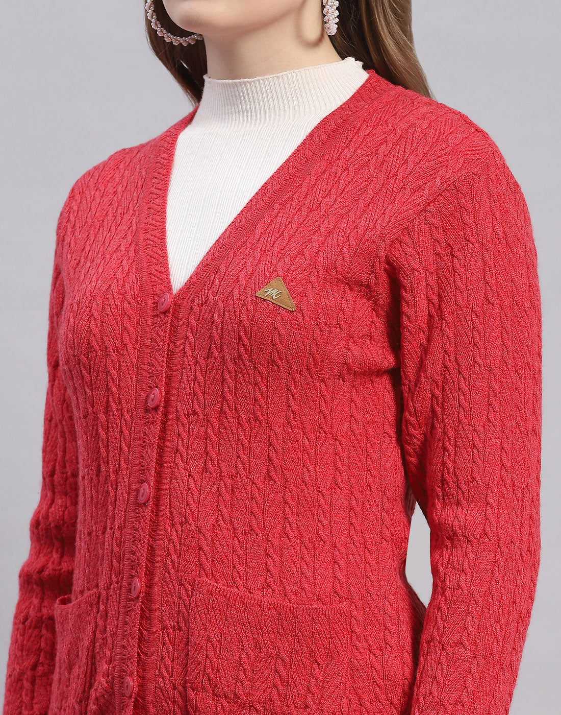 Women Red Solid V Neck Full Sleeve Cardigan