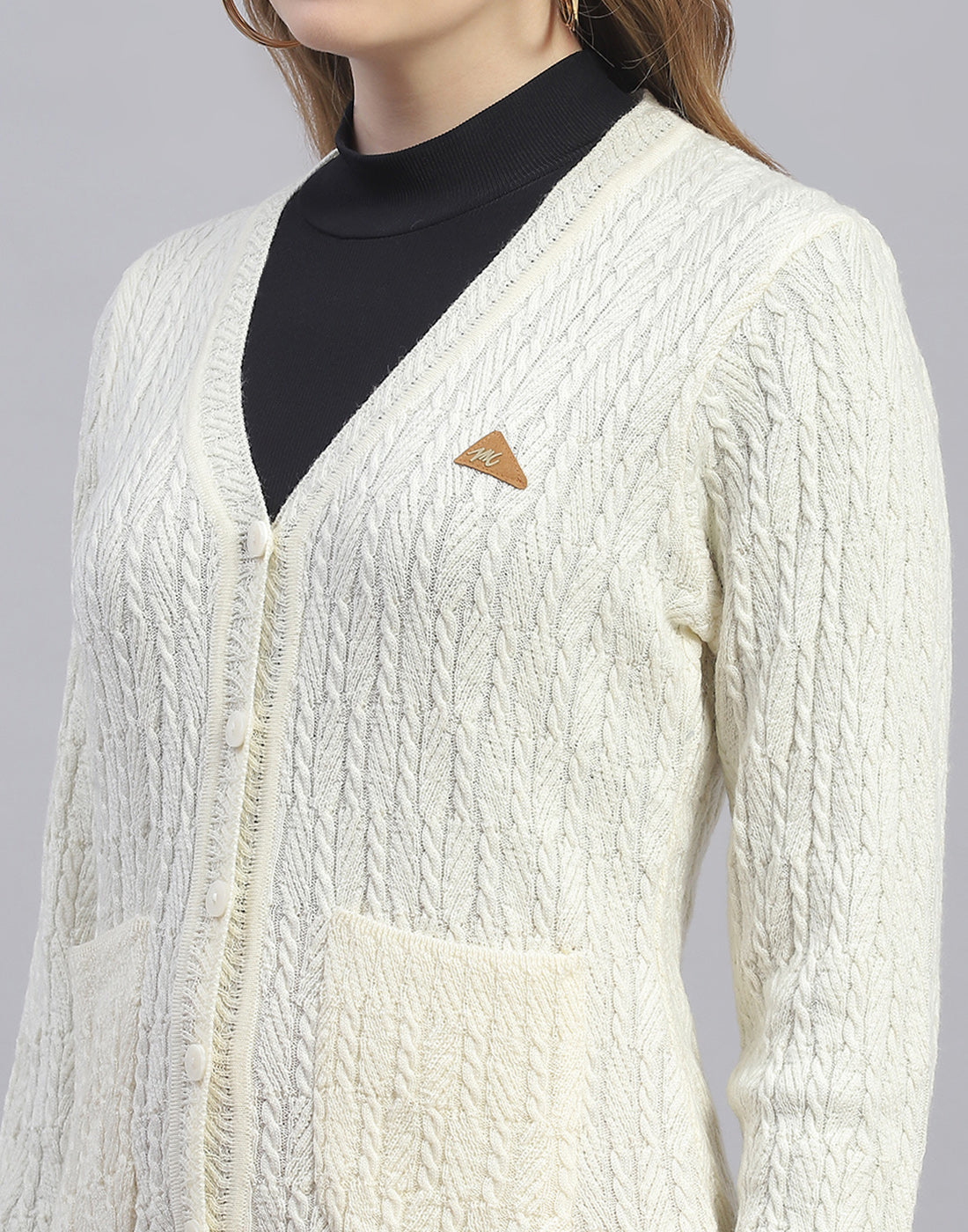 Women Off White Solid V Neck Full Sleeve Cardigan