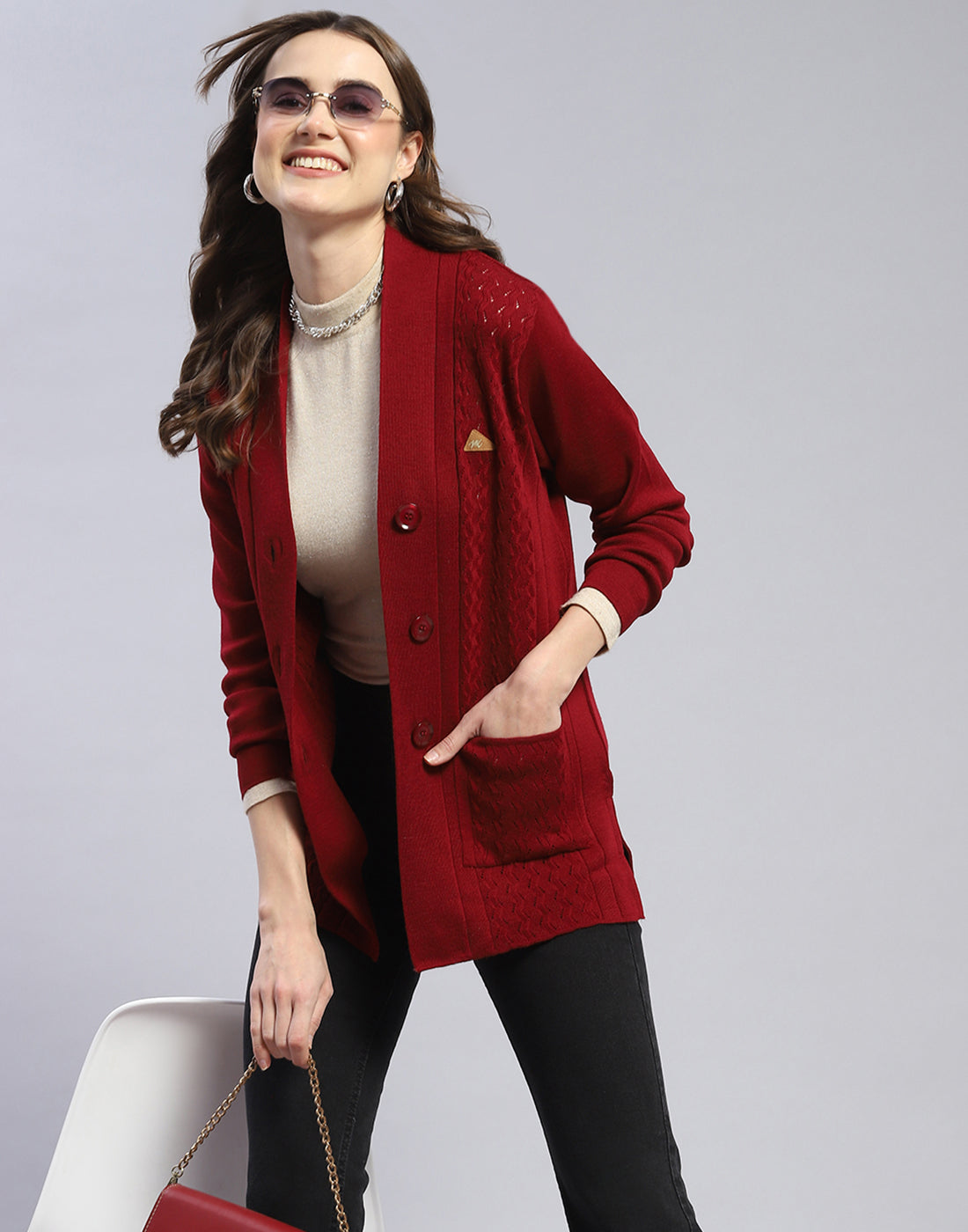 Women Maroon Self Design V Neck Full Sleeve Cardigan