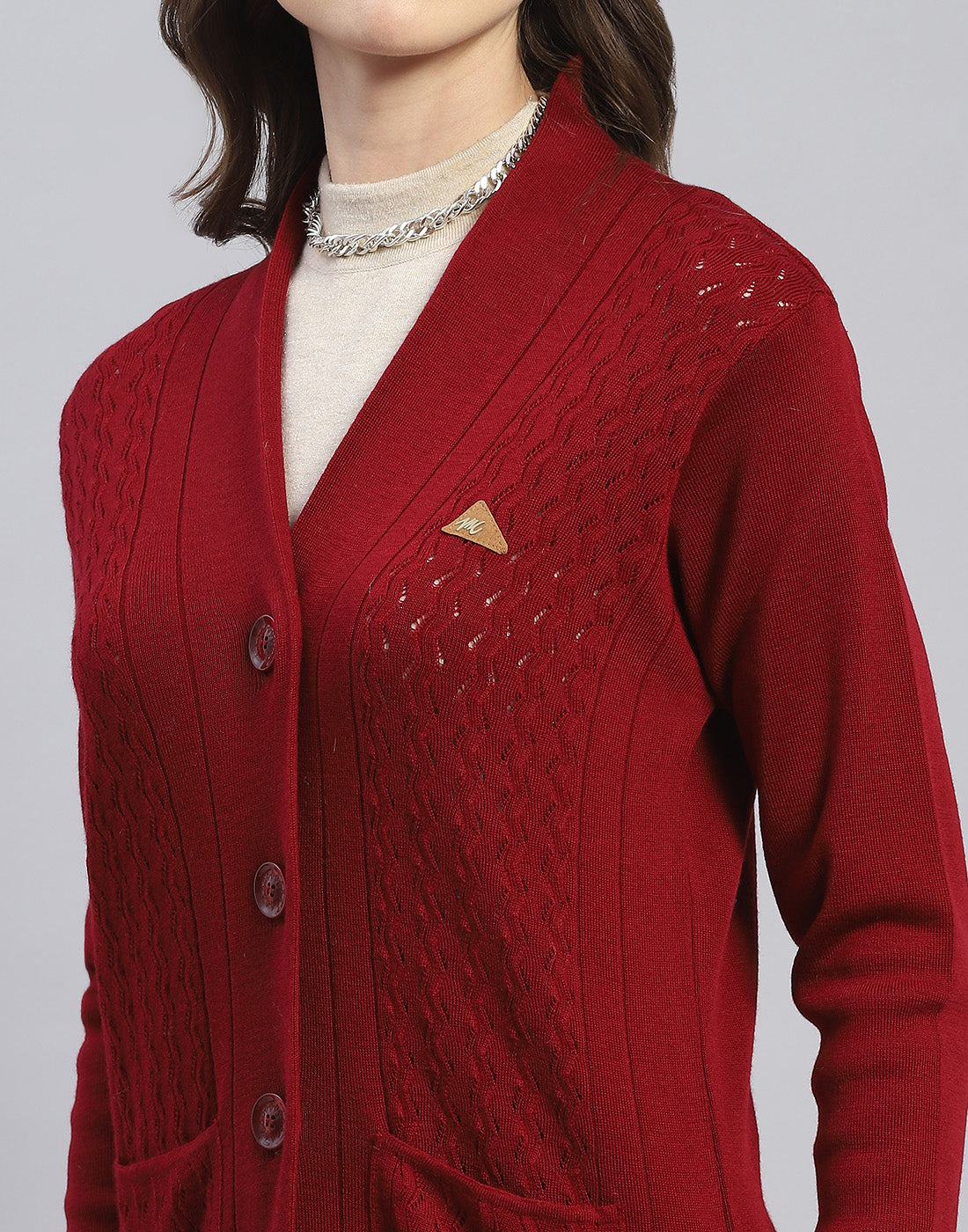 Women Maroon Self Design V Neck Full Sleeve Cardigan