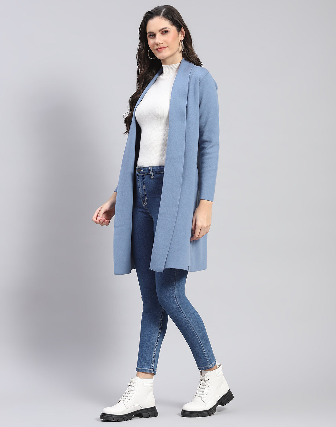 Women Blue Self Design Front Open Full Sleeve Cardigan