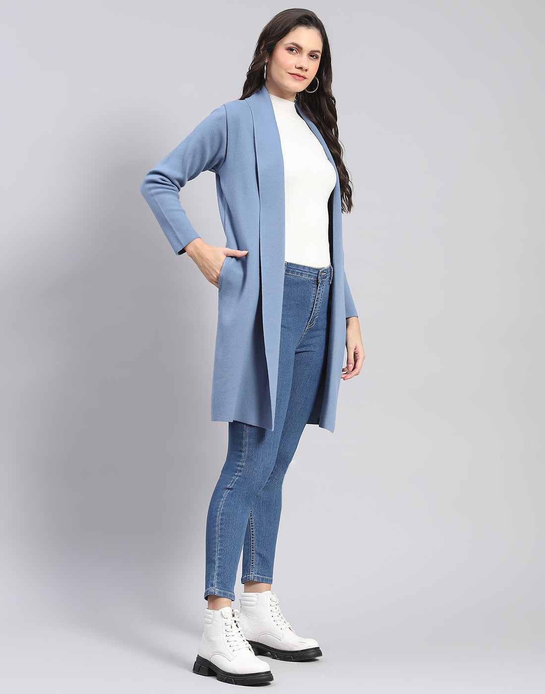 Women Blue Self Design Front Open Full Sleeve Cardigan