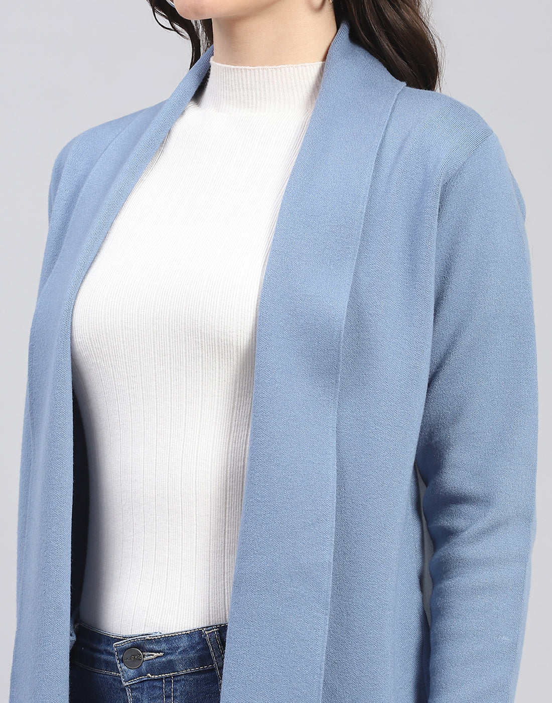 Women Blue Self Design Front Open Full Sleeve Cardigan