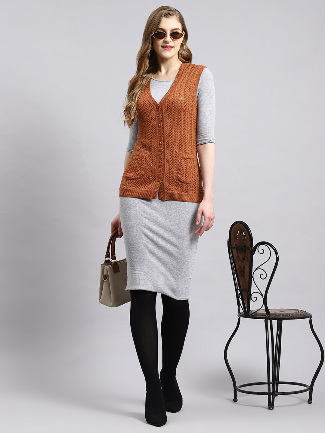 Women Brown Self Cardigan