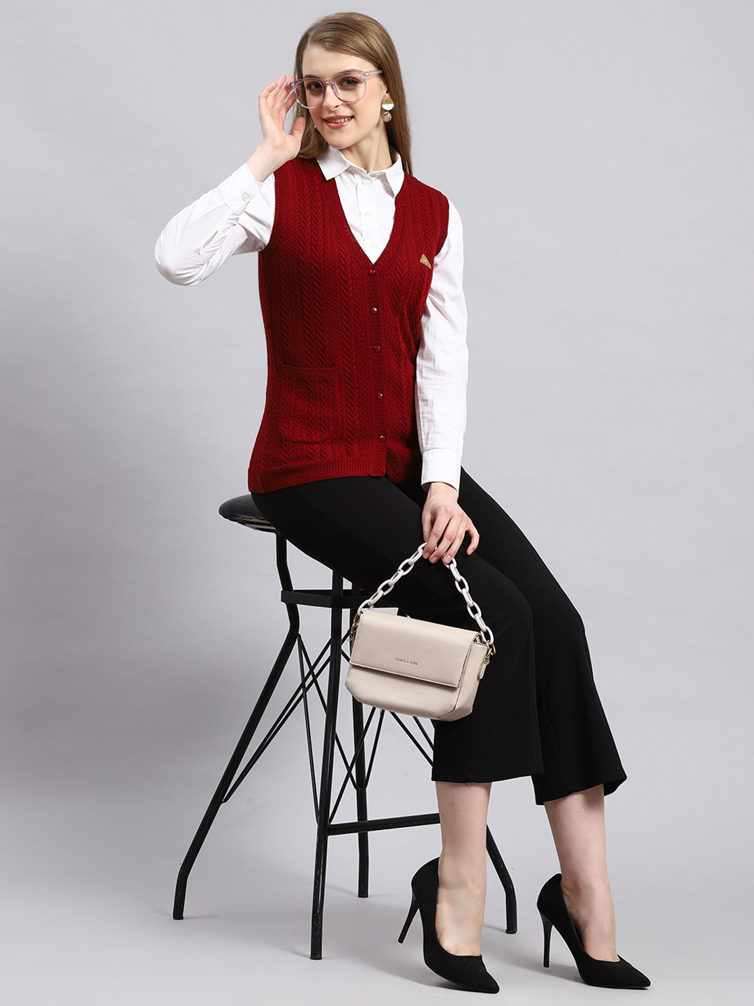 Women Maroon Self Cardigan