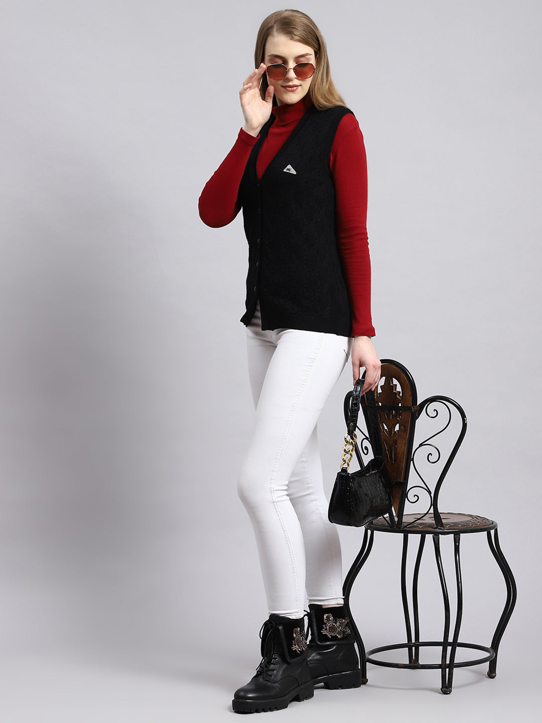 Women Black Self Cardigan