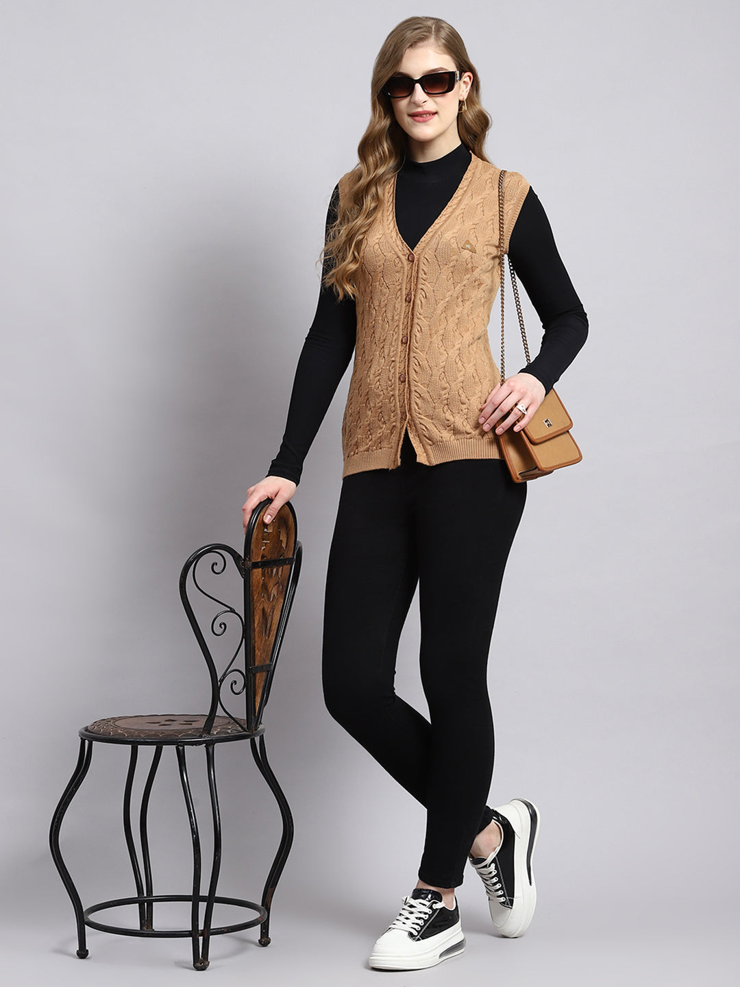 Women Brown Self Cardigan